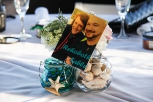 Turquoise, Green Personalize Centerpieces for a Honeymoon Island Beach Wedding reception