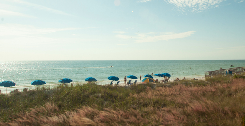 Blue Umbrellas on Honeymoon Island Beach in Dunedin, Florida by Shannon Livingston Photography