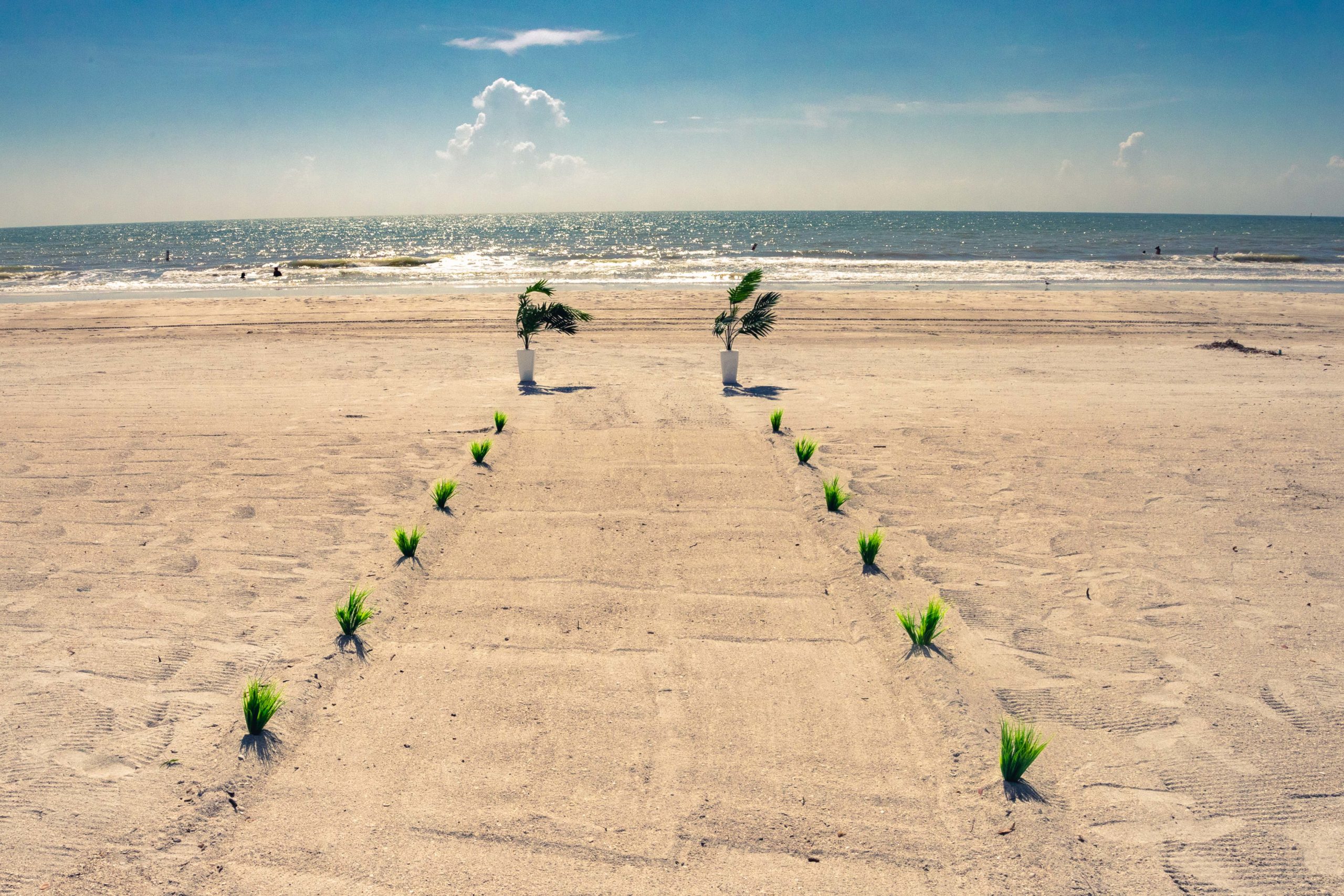 Raised walkway on the beach buffered by sea grass. At the end of the aisle are two potted palms with the Gulf in the background.